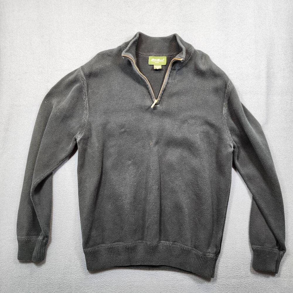 Eddie Bauer Mens Sweater Medium Black Cotton 1/4 Zip Cabin Ski Lodge